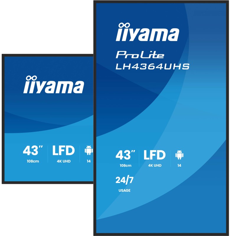 IIYAMA LFD LH4364UHS-B1AG 43 UHD VA 3840 x 2160 60Hz 500 cd 4000:1 6.5ms Android 14OS iiSignage2 (CMS/DMS), iiShare, iiControl, Landscape and Portrait, Speakers 2x 10W, 2x HDMI, 1x USB-C, 15W PD, USB 2.0 x2, WiFi, LAN 