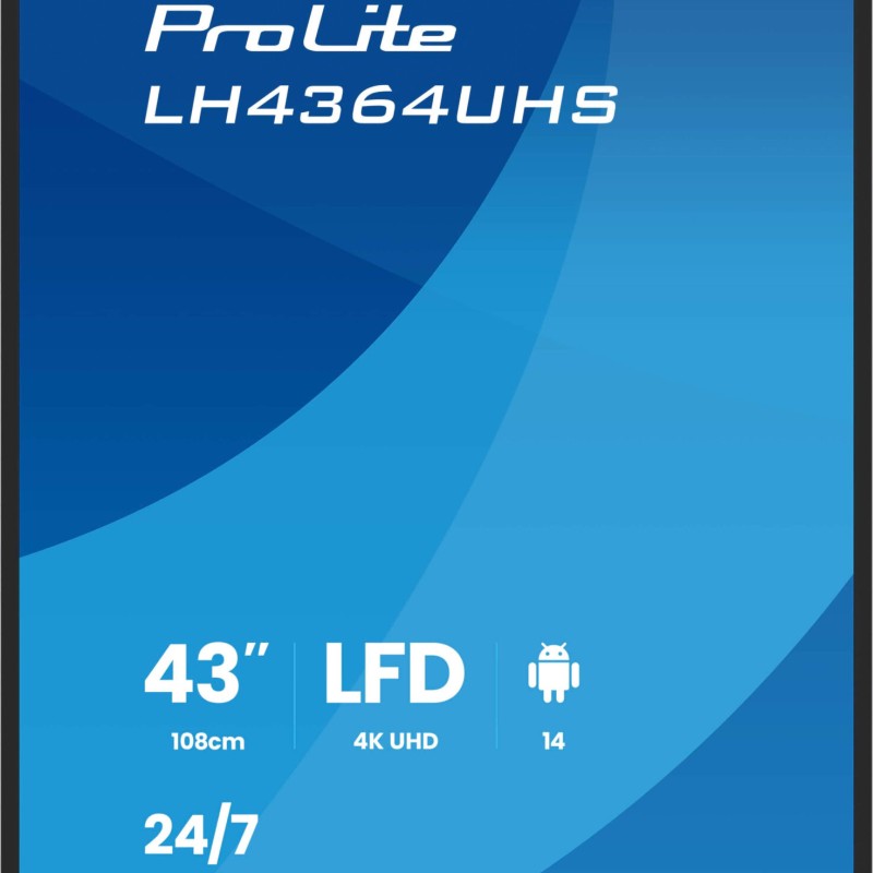 IIYAMA LFD LH4364UHS-B1AG 43 UHD VA 3840 x 2160 60Hz 500 cd 4000:1 6.5ms Android 14OS iiSignage2 (CMS/DMS), iiShare, iiControl, Landscape and Portrait, Speakers 2x 10W, 2x HDMI, 1x USB-C, 15W PD, USB 2.0 x2, WiFi, LAN 