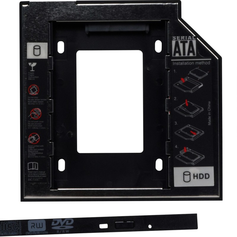 RACK intern SPACER, tip caddy 9.5mm, 5.25 inch la 2.5 inch, S-ATA, interfata PC S-ATA, metal, negru, 