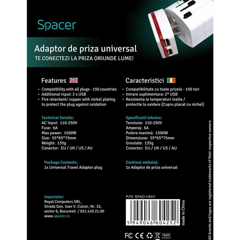 ADAPTOR universal SPACER, pt. calatorii, Schuko x 1, conectare Socket Universal (T), USB x 2,   10 A, alb, 