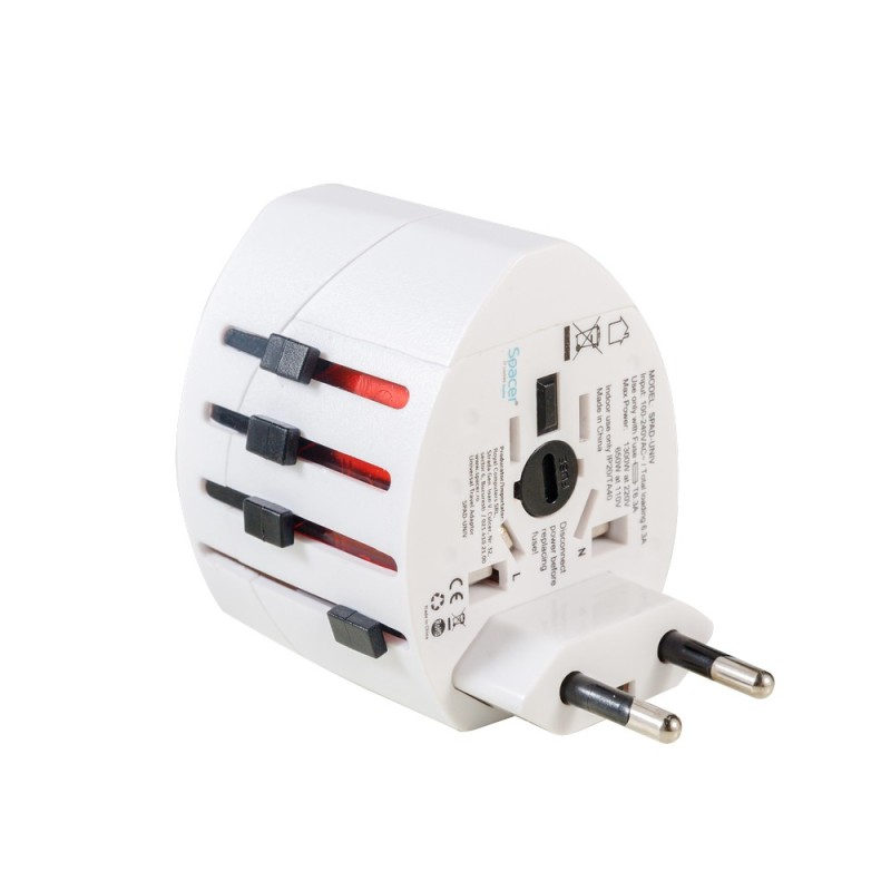 ADAPTOR universal SPACER, pt. calatorii, Schuko x 1, conectare Socket Universal (T), USB x 2,   10 A, alb, 