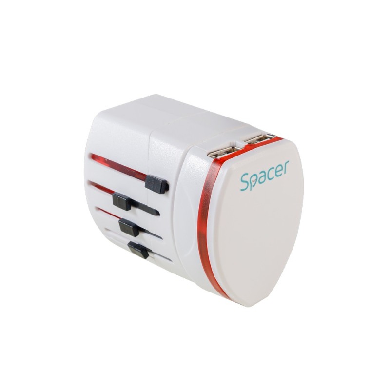 ADAPTOR universal SPACER, pt. calatorii, Schuko x 1, conectare Socket Universal (T), USB x 2,   10 A, alb, 