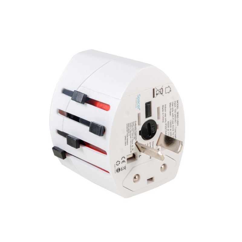 ADAPTOR universal SPACER, pt. calatorii, Schuko x 1, conectare Socket Universal (T), USB x 2,   10 A, alb, 