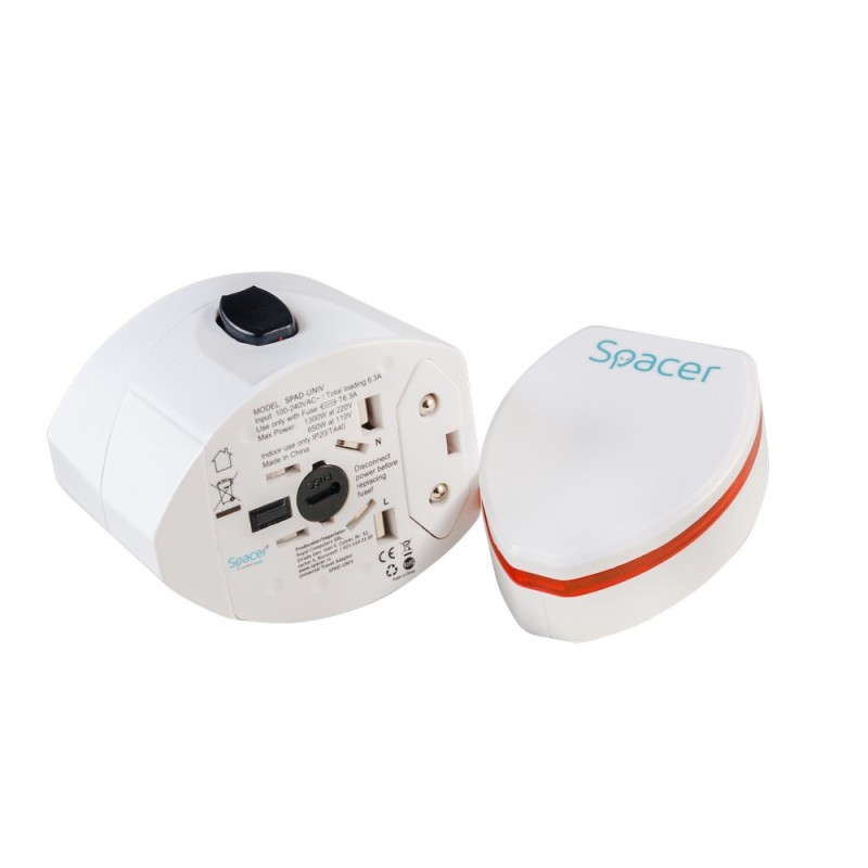 ADAPTOR universal SPACER, pt. calatorii, Schuko x 1, conectare Socket Universal (T), USB x 2,   10 A, alb, 