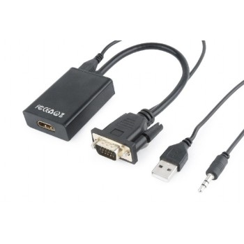 CABLU video GEMBIRD, adaptor VGA(T)+Jack 3.5mm(T) la HDMI(M),15cm,rez max Full HD 60Hz, conecteaza placa vid cu VGA la monitor HDMI,cablu power USB,negru, 