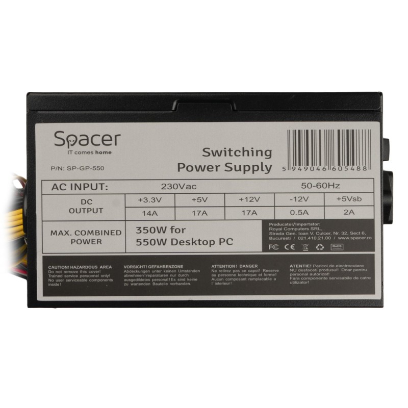SURSA SPACER 550, 350W for 550 Desktop PC, PFC pasiv, fan 120mm, MB (20+4) x1, CPU (4+4) x1, PCI-E (6) x1, SATA x4, Molex x2, *retail* 