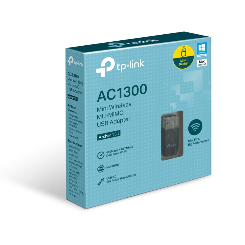 ADAPTOR RETEA TP-LINK AC1300, extern wireless 2.4 GHz | 5 GHz, USB 3.0, port, 1300 Mbps, antena interna x 1, 
