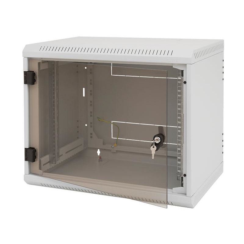 TRITON RACK de PERETE 6U 500mm usa sticla panouri laterale fixe sectiuni ventilatie activa,sectiuni acces cab sus/jos/spate securizare cheie,1 pereche montanti reglabili IP30 gri 
