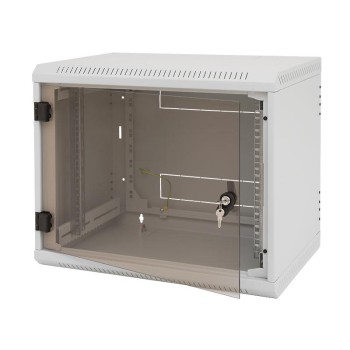 TRITON RACK de PERETE sectiune simpla 12U 600mm adancime usa sticla panouri laterale fixe sectiuni, sectiuni acces cabluri sus/jos/spate securizare cu cheie, 1 pereche montanti reglabili IP30 gri 