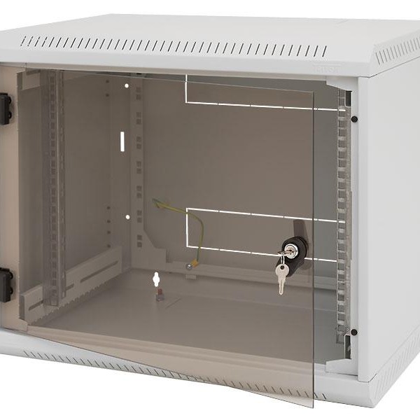 TRITON RACK de PERETE sectiune simpla 12U 600mm adancime usa sticla panouri laterale fixe sectiuni, sectiuni acces cabluri sus/jos/spate securizare cu cheie, 1 pereche montanti reglabili IP30 gri 