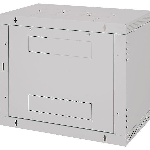 TRITON RACK de PERETE sectiune simpla 12U 600mm adancime usa sticla panouri laterale fixe sectiuni, sectiuni acces cabluri sus/jos/spate securizare cu cheie, 1 pereche montanti reglabili IP30 gri 
