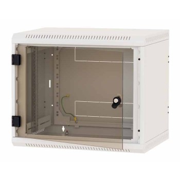 TRITON RACK de PERETE, 9U 400mm adancime usa sticla panouri laterale fixe, sectiuni acces cabluri sus/jos/spate securizare cu cheie, 1 pereche montanti reglabili IP30 gri 