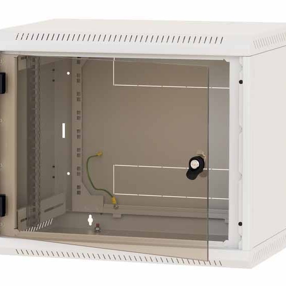 TRITON RACK de PERETE, 9U 400mm adancime usa sticla panouri laterale fixe, sectiuni acces cabluri sus/jos/spate securizare cu cheie, 1 pereche montanti reglabili IP30 gri 
