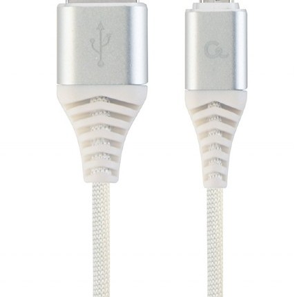 CABLU alimentare si date GEMBIRD, pt. smartphone, USB 2.0(T) la Micro-USB 2.0(T), 1m, premium,cablu cu impletire din bumbac, alb cu conectori argintii, 
