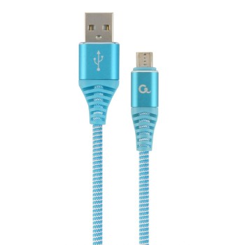CABLU alimentare si date GEMBIRD, pt. smartphone, USB 2.0 (T) la Micro-USB 2.0 (T), 1m, premium, cablu cu impletire din bumbac,turcoaz cu insertii albe, 