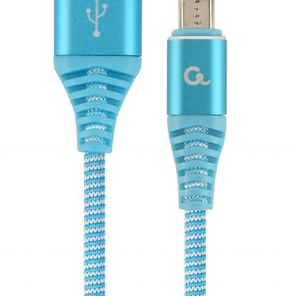CABLU alimentare si date GEMBIRD, pt. smartphone, USB 2.0 (T) la Micro-USB 2.0 (T), 1m, premium, cablu cu impletire din bumbac,turcoaz cu insertii albe, 