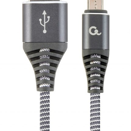 CABLU alimentare si date GEMBIRD, pt. smartphone, USB 2.0(T) la Micro-USB 2.0(T),2m, premium,impletire din bumbac,gri-metalizat cu insertii albe, 