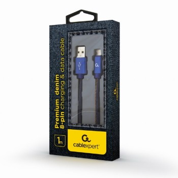 CABLU alimentare si date GEMBIRD, pt. smartphone,USB 2.0(T) la Lightning(T),1m,premium,conectori auriti,impletire din bumbac,negru,conetori albastri, 