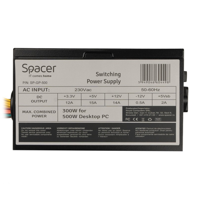 SURSA SPACER 500, 300W for 500 Desktop PC, PFC pasiv, fan 120mm, MB (20+4) x1, CPU (4+4) x1, PCI-E (6) x1, SATA x4, Molex x2, *retail* 