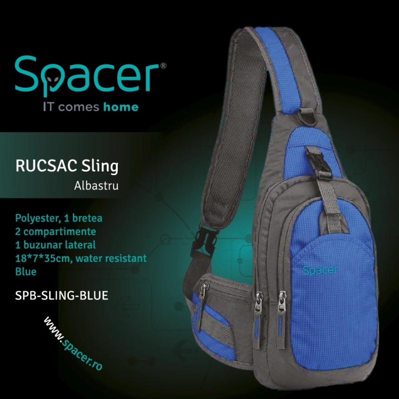 RUCSAC SPACER Sling, nylon,1 bretea, 2 compartimente principale,1 buzunar frontal,1 buzunar lateral, 35x18x7cm, water resistant, blue, 