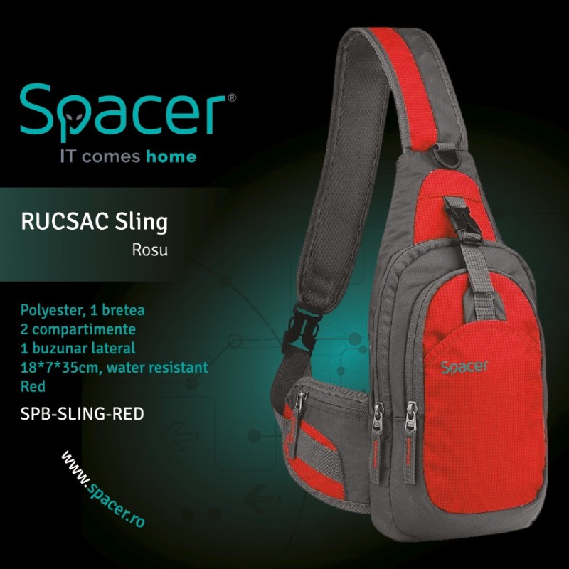 RUCSAC SPACER Sling, nylon,1 bretea, 2 compartimente principale,1 buzunar frontal, 1 buzunar lateral, 35x18x7cm, water resistant, red, 