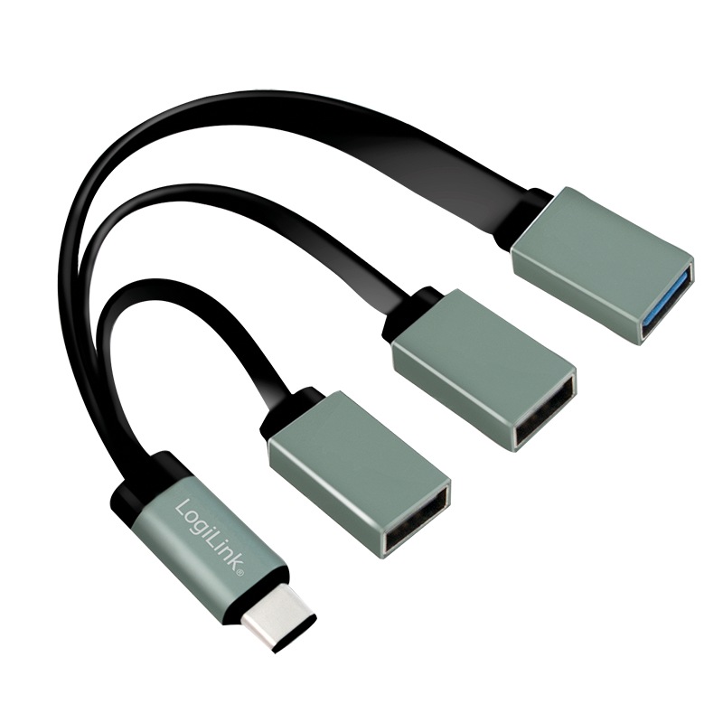CABLU adaptor OTG LOGILINK, pt. smartphone, USB 3.0 Type-C (T) la USB 3.0 (M) + USB 2.0 (M) x 2, 10cm, asigura conectarea telef. la tastatura, mouse, HUB, negru, 