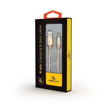 CABLU alimentare si date GEMBIRD, pt. smartphone, USB 2.0 (T) la Lightning (T), 1.8m, premium, conectori auriti, cablu cu impletire din bumbac, auriu, 