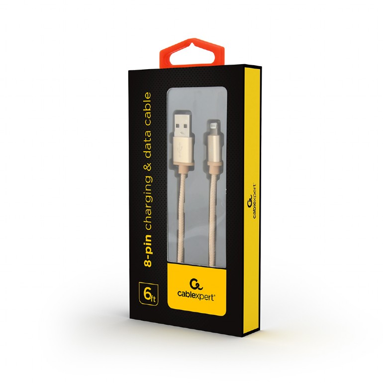 CABLU alimentare si date GEMBIRD, pt. smartphone, USB 2.0 (T) la Lightning (T), 1.8m, premium, conectori auriti, cablu cu impletire din bumbac, auriu, 