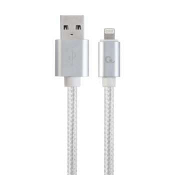 CABLU alimentare si date GEMBIRD, pt. smartphone, USB 2.0 (T) la Lightning (T), 1.8m, premium, conectori auriti, cablu cu impletire din bumbac, argintiu, 