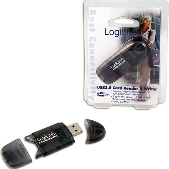 CARD READER extern LOGILINK, interfata USB 2.0, citeste/scrie: SD, MMC, RS-MMC; plastic, negru-transparent 