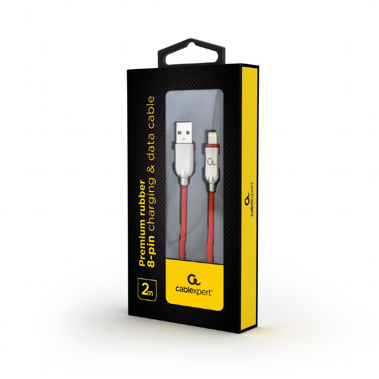 CABLU alimentare si date GEMBIRD, pt. smartphone, USB 2.0 (T) la Lightning (T), 2m, premium, cablu din cauciuc, rosu, conectori argintii, 