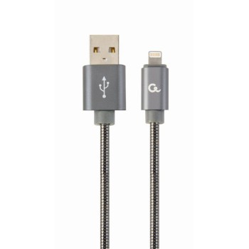 CABLU alimentare si date GEMBIRD, pt. smartphone,USB 2.0 (T) la Lightning (T), 2m, premium,cablu cu impletire din bumbac,gri-metalizat cu insertii albe, 