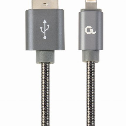 CABLU alimentare si date GEMBIRD, pt. smartphone,USB 2.0 (T) la Lightning (T), 2m, premium,cablu cu impletire din bumbac,gri-metalizat cu insertii albe, 