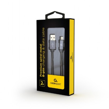 CABLU alimentare si date GEMBIRD, pt. smartphone,USB 2.0 (T) la Lightning (T), 2m, premium,cablu cu impletire din bumbac,gri-metalizat cu insertii albe, 