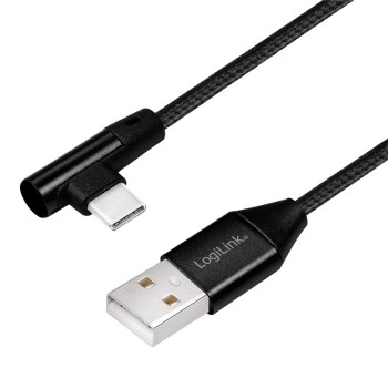 CABLU alimentare si date LOGILINK, pt. smartphone, USB 2.0 (T) la USB 2.0 Type-C (T) la 90 grade, 0.3m, premium, cablu cu impletire din bumbac, negru, 
