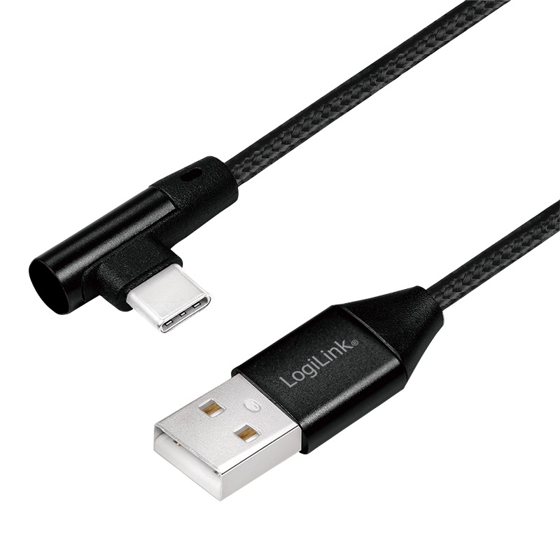 CABLU alimentare si date LOGILINK, pt. smartphone, USB 2.0 (T) la USB 2.0 Type-C (T) la 90 grade, 0.3m, premium, cablu cu impletire din bumbac, negru, 