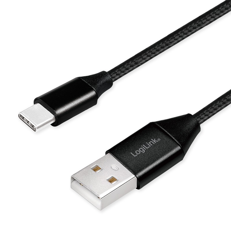 CABLU alimentare si date LOGILINK, pt. smartphone, USB 2.0 (T) la USB 2.0 Type-C (T), 0.3m, premium, cablu cu impletire din bumbac, negru, 