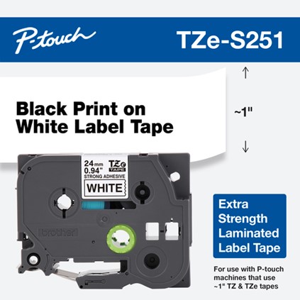 Banda Laminata Original Brother Black on White,TZES251, pentru D600|E500|E550|H500|P700|P710|P750|330|350|520|580|1400|1500|1600|1650|2200|2300|2310|2400|2430|2500|2600|2610|2700|2710|2730|2730|7500|7600, 24mm, incl.TV 1.2 RON, 
