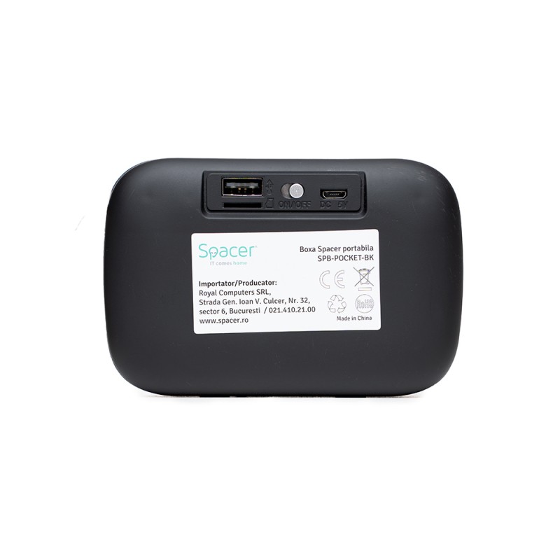 BOXA SPACER portabila bluetooth, POCKET-BK, RMS:  3W, control volum, acumulator 520mAh, FM (antena interna), timp de functionare pana la 5 ore, distanta de functionare pana la 10m, incarcare USB, BLACK, 