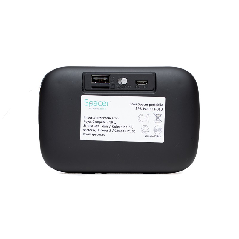BOXA SPACER portabila bluetooth, POCKET-BLU, RMS:  3W, control volum, acumulator 520mAh, FM (antena interna),timp de functionare pana la 5 ore, distanta de functionare pana la 10m, incarcare USB, BLUE, 