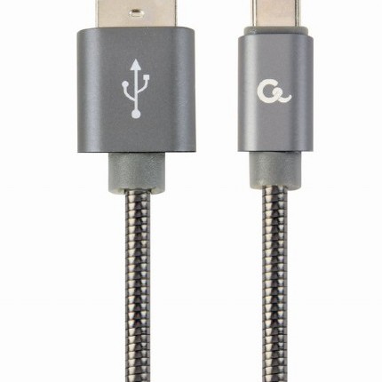 CABLU alimentare si date GEMBIRD, pt. smartphone, USB 2.0 (T) la USB 2.0 Type-C (T), 2m, premium, impletire din bumbac, gri-metalizat cu insertii albe, 