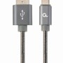 CABLU alimentare si date GEMBIRD, pt. smartphone, USB 2.0 (T) la USB 2.0 Type-C (T), 2m, premium, impletire din bumbac, gri-metalizat cu insertii albe, 