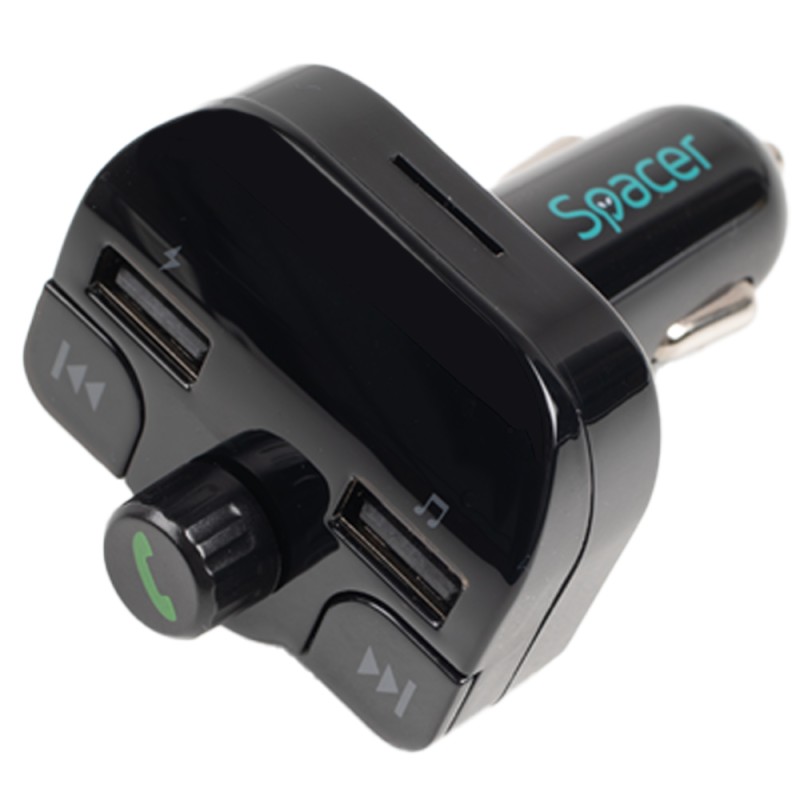 MODULATOR AUTO FM SPACER, Bluetooth 5.0, 2xUSB max. 5V/3.1A, 12V-24V, max. 10-15m, mic max. 0-1m, format MP3/WMA, 206 canale 87.5-108Mhz, USB disk, microSD,  answer/hang up/redial, protectie circuit, black, 