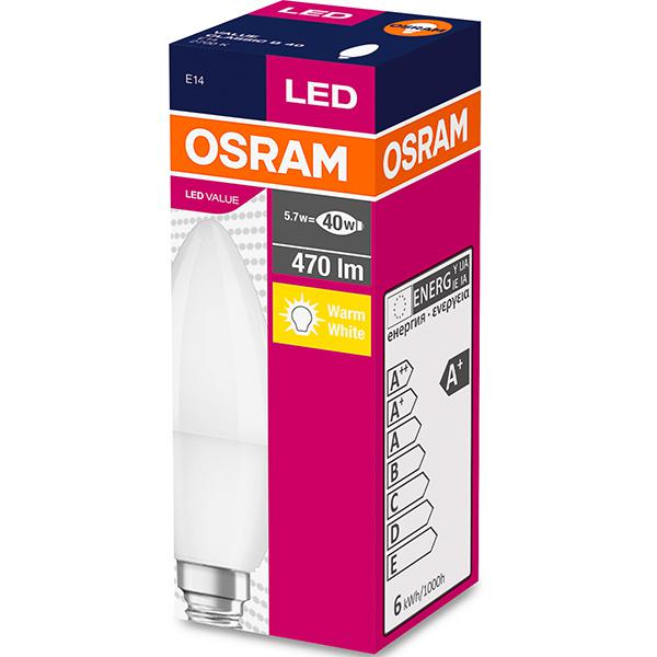 BEC LED Osram, soclu E14, putere 5.7W, forma lumanare, lumina alb calda, alimentare 220 - 240 V, 