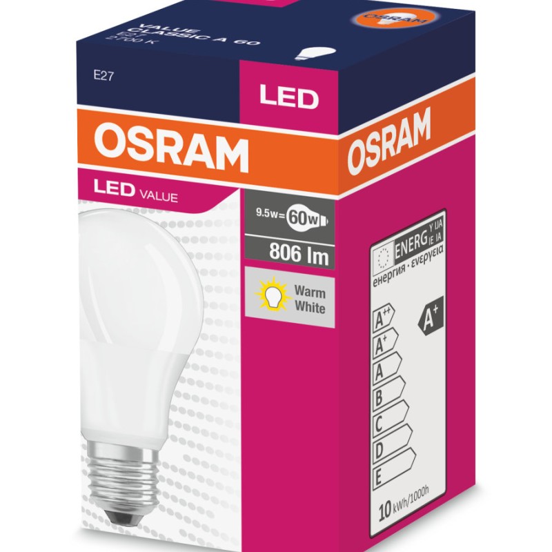 BEC LED Osram, soclu E27, putere 8.5W, forma clasic, lumina alb calda, alimentare 220 - 240 V, 