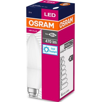 BEC LED Osram, soclu E14, putere 5.5W, forma lumanare, lumina alb rece, alimentare 220 - 240 V, 