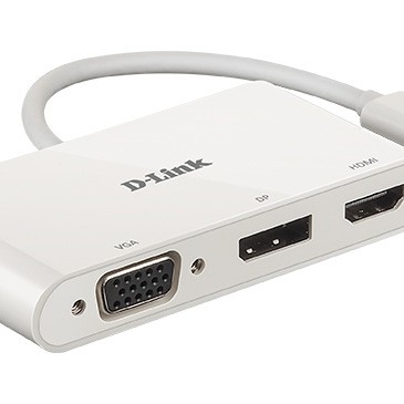 SPLITTER video D-Link universal, conectare PC USB Type C, Thunderbolt 3, nu, porturi video VGA x 1, Display Port x 1, HDMI x 1, fara port retea, NB nu, alb, 
