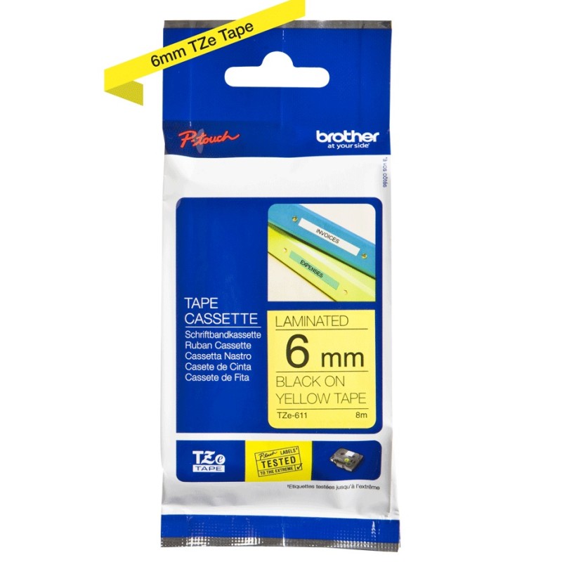 Banda Laminata Original Brother Black on Yellow, TZE611, pentru H105WB|P-TOUCH PT-E110VP|D400|D450|D600VP|E300VP|E550WVP|H110|H500|P700|P750W|PT-D210|PT-D210VP, 6mm x 8m, incl.TV 0 RON, 
