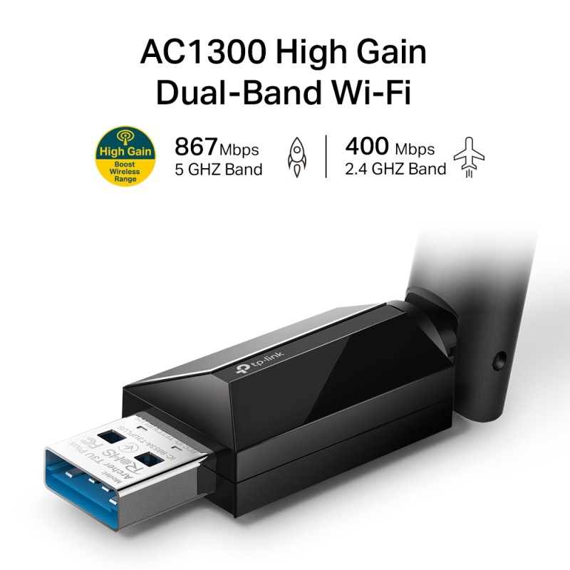 ADAPTOR RETEA TP-LINK AC1300, extern wireless 2.4 GHz | 5 GHz, USB 3.0, port, 1300 Mbps, antena externa x 1, 