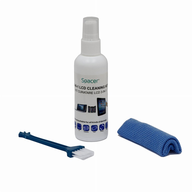 KIT curatare LCD 3-in-1 Spacer, solutie curatare 100ml, pensula, servetel microfibre, 45507055 